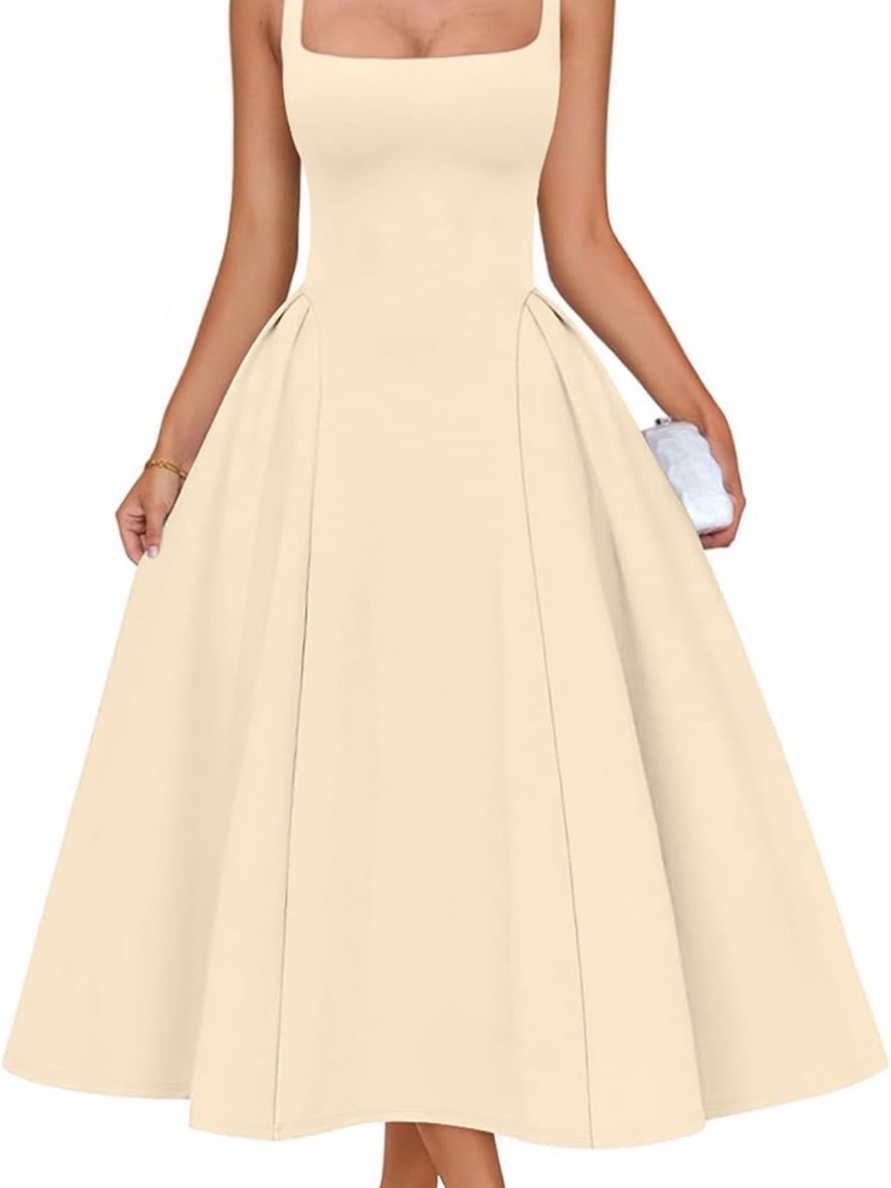 Square Neck A-Line Midi Dress in Cream
